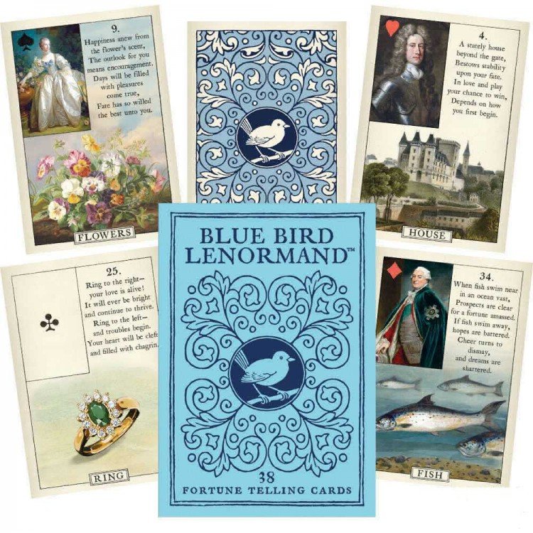 2DCcABYAXl-BLUE BIRD LENORMAND cover-750x750 Blue Bird Lenormand kortos - Image 1
